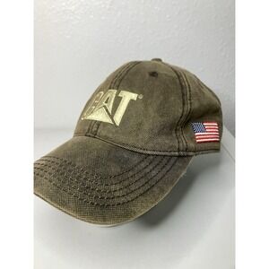 CAT Strap Back Hat Adult OSFM Brown Embroidered USA Flag Wagner Men's Cap Farmer